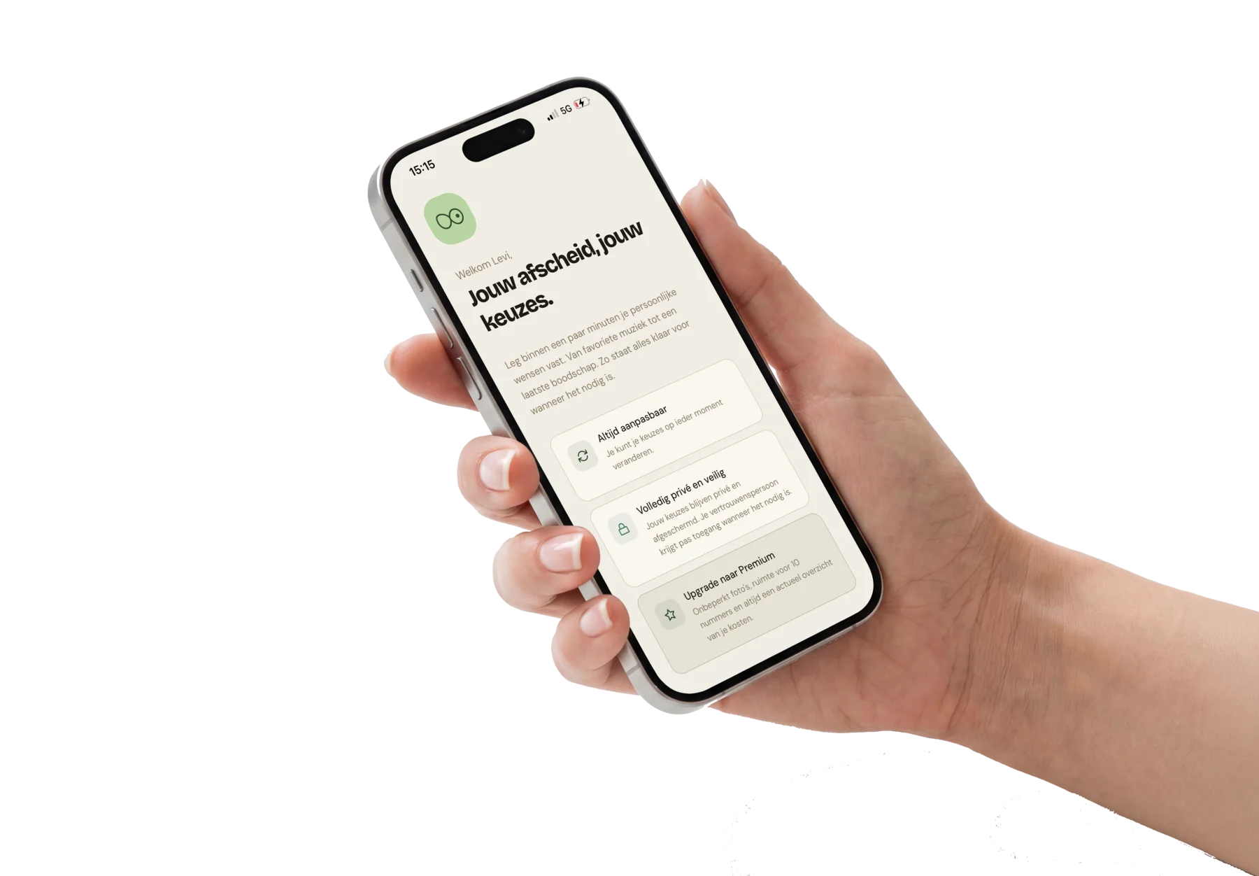 Iemand houdt de My Funery app vast op een telefoon